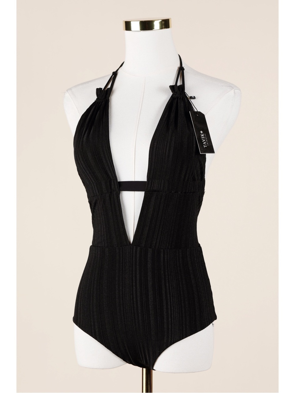 Sz S Tavik Emme Black Minimalist One-Piece Ribbed Halter Top Swimsuit NWT